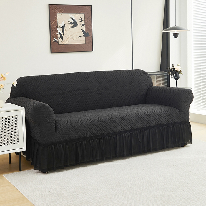 91家纺网 家纺一手货源 找家纺 共鸣沙发套 2024新款拉绒提花系列沙发套（裙摆款） 拉绒黑色