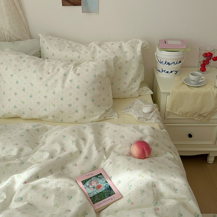 91家纺网 家纺一手货源 找家纺 韩国纯棉ins风小碎花田园风四件套花卉活性印花小清新被套纯色加大床单1.8床笠混搭风纯色印花枕套 花西子（奶黄）