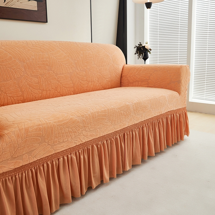 91家纺网 家纺一手货源 找家纺 共鸣沙发套 2024新款臻品提花系列沙发套（裙摆款织叶花系） 织叶卡橙