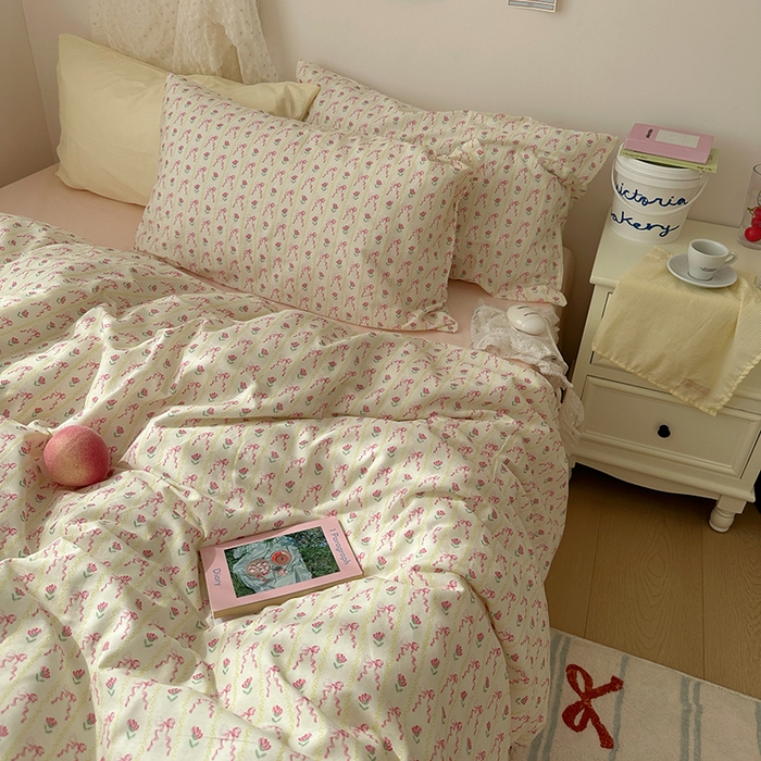 91家纺网 家纺一手货源 找家纺 韩国纯棉ins风小碎花田园风四件套花卉活性印花小清新被套纯色加大床单1.8床笠混搭风纯色印花枕套 一朵春光（桃粉）