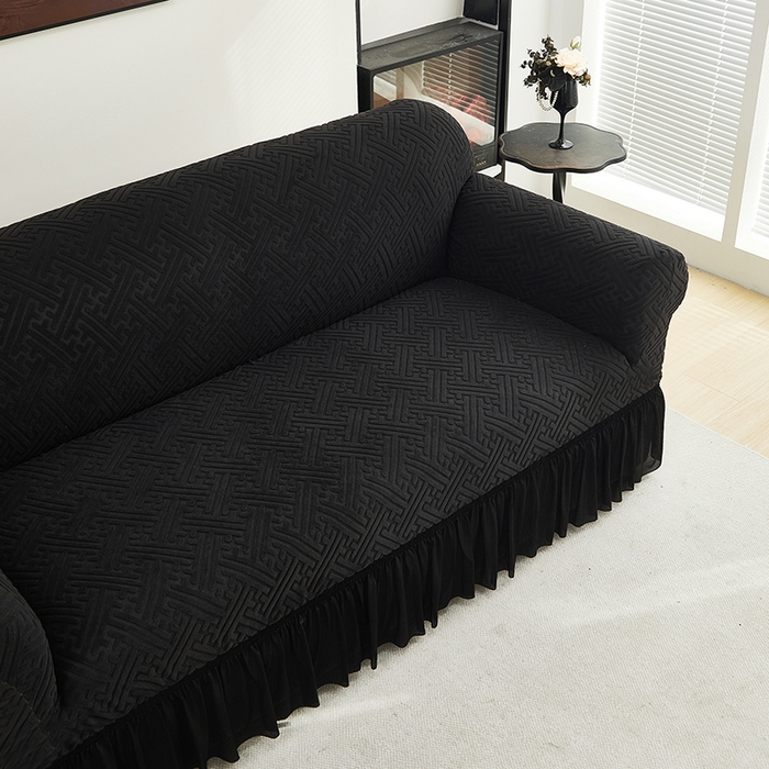 91家纺网 家纺一手货源 找家纺 共鸣沙发套 2024新款拉绒提花系列沙发套（裙摆款） 拉绒黑色