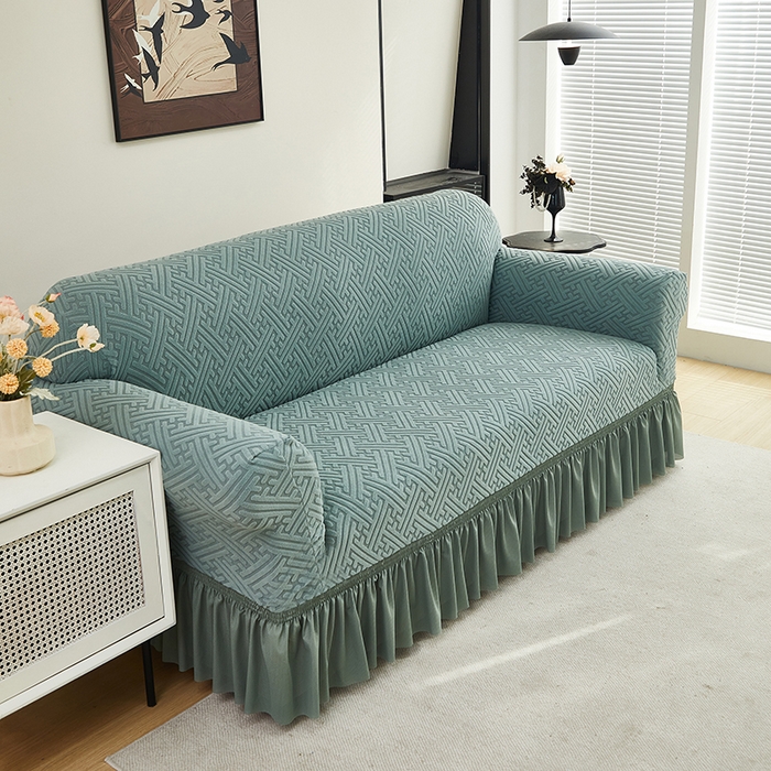 91家纺网 家纺一手货源 找家纺 共鸣沙发套 2024新款拉绒提花系列沙发套（裙摆款） 拉绒墨绿