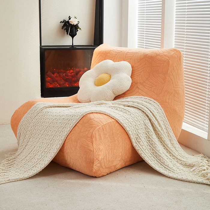 91家纺网 家纺一手货源 找家纺 共鸣沙发套 2024新款臻品提花系列懒人沙发套（织叶花系） 织叶卡橙