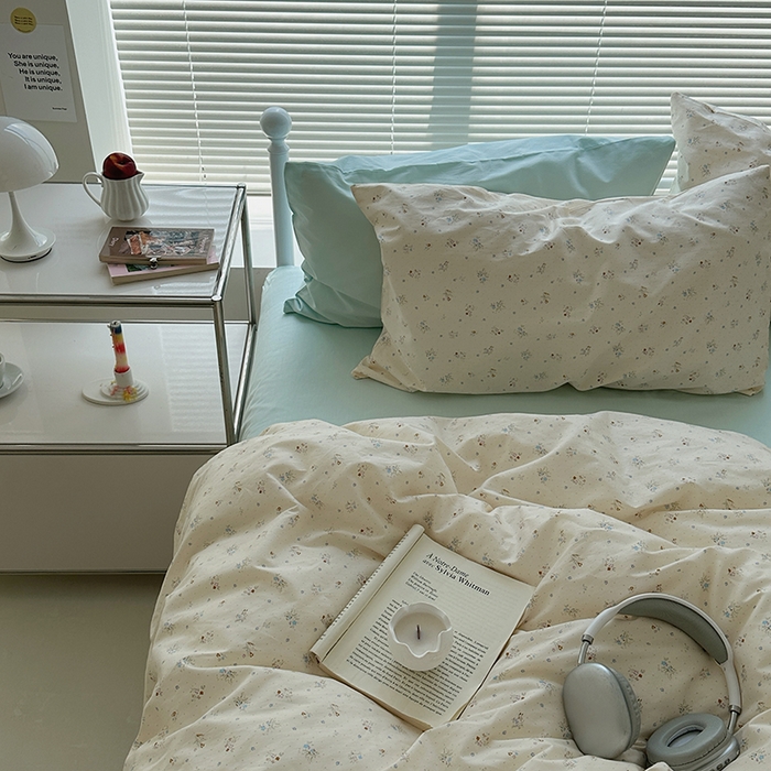 91家纺网 家纺一手货源 找家纺 尺素 2024新款韩国ins风全棉印花四件套田园花卉双人碎花被套学生宿舍1.2三件套纯色加大床单1.8床笠 露华浓（冰沙绿）