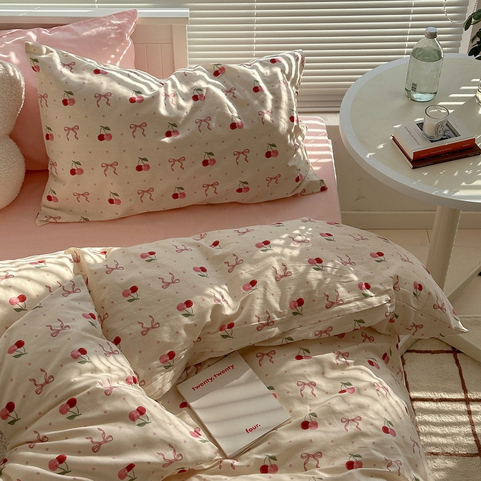 91家纺网 家纺一手货源 找家纺 尺素 2025年春夏新款全棉卡通四件套纯棉双人被套纯色床单床笠三件套儿童床上用品 樱桃红了 裸粉