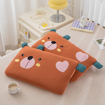 织布人 2024新款荞麦枕儿童学生卡通全棉双层纱萌萌熊枕套+荞麦枕芯 双层纱萌萌熊荞麦枕-酒红