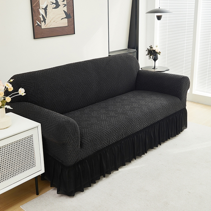 91家纺网 家纺一手货源 找家纺 共鸣沙发套 2024新款拉绒提花系列沙发套（裙摆款） 拉绒黑色