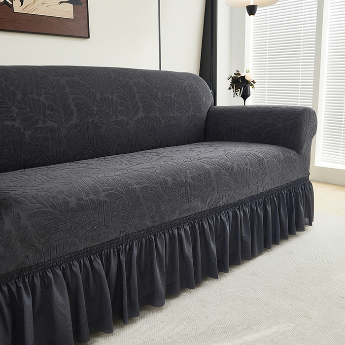 91家纺网 家纺一手货源 找家纺 共鸣沙发套 2024新款臻品提花系列沙发套（裙摆款织叶花系） 织叶碳灰