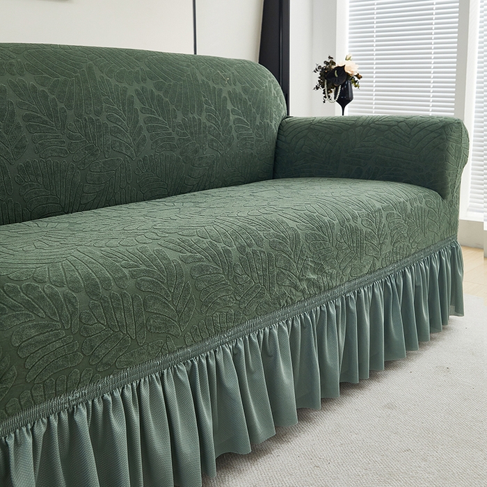 91家纺网 家纺一手货源 找家纺 共鸣沙发套 2024新款臻品提花系列沙发套（裙摆款织叶花系） 织叶松绿