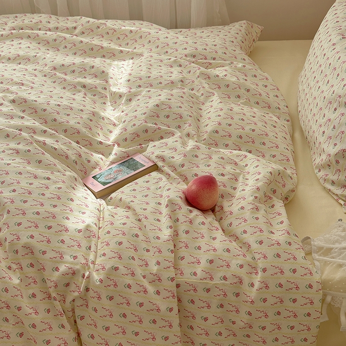 91家纺网 家纺一手货源 找家纺 韩国纯棉ins风小碎花田园风四件套花卉活性印花小清新被套纯色加大床单1.8床笠混搭风纯色印花枕套 一朵春光（奶黄）