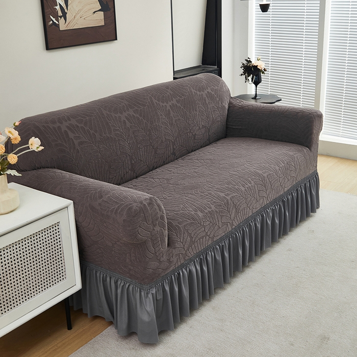 91家纺网 家纺一手货源 找家纺 共鸣沙发套 2024新款臻品提花系列沙发套（裙摆款织叶花系） 织叶冷灰