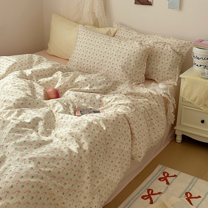 91家纺网 家纺一手货源 找家纺 韩国纯棉ins风小碎花田园风四件套花卉活性印花小清新被套纯色加大床单1.8床笠混搭风纯色印花枕套 一朵春光（桃粉）
