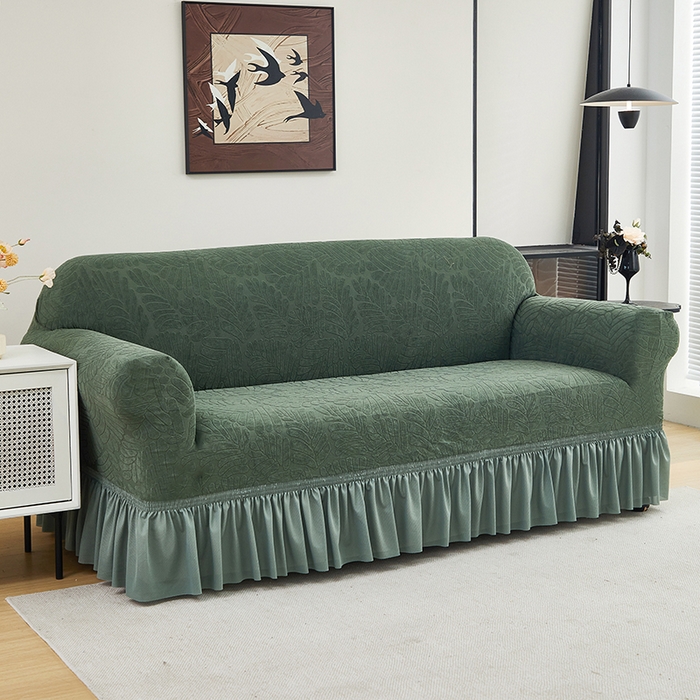 91家纺网 家纺一手货源 找家纺 共鸣沙发套 2024新款臻品提花系列沙发套（裙摆款织叶花系） 织叶松绿