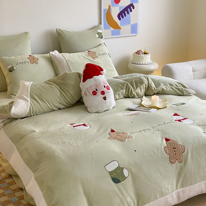 91家纺网 家纺一手货源 找家纺 MIU缪家居 2024新款加厚保暖牛奶绒四件套-圣诞礼物 圣诞礼物 果绿