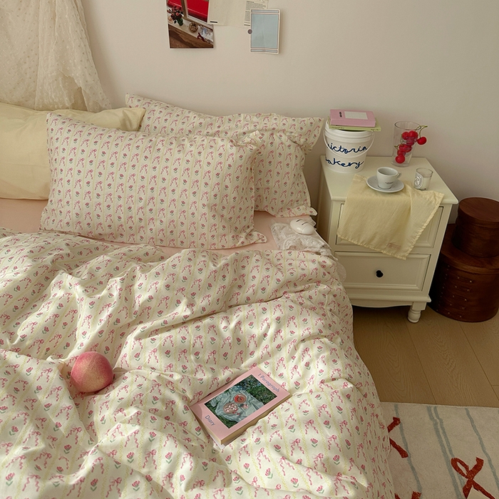 91家纺网 家纺一手货源 找家纺 韩国纯棉ins风小碎花田园风四件套花卉活性印花小清新被套纯色加大床单1.8床笠混搭风纯色印花枕套 一朵春光（桃粉）