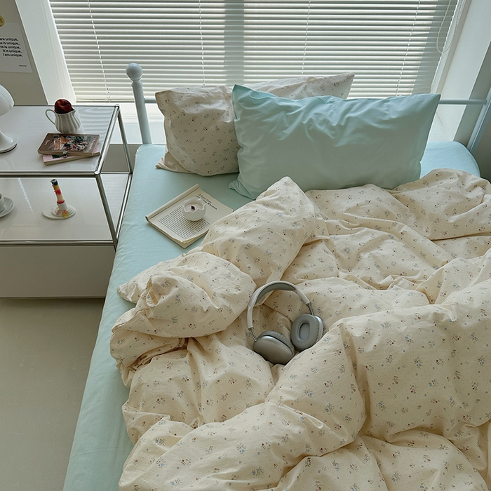 91家纺网 家纺一手货源 找家纺 尺素 2024新款韩国ins风全棉印花四件套田园花卉双人碎花被套学生宿舍1.2三件套纯色加大床单1.8床笠 露华浓（冰沙绿）