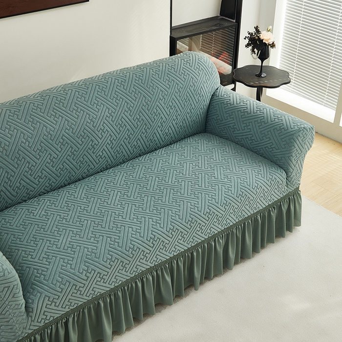 91家纺网 家纺一手货源 找家纺 共鸣沙发套 2024新款拉绒提花系列沙发套（裙摆款） 拉绒墨绿