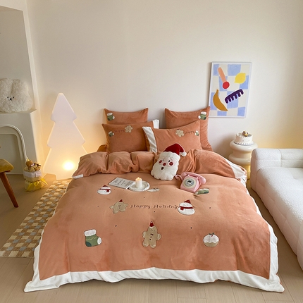 91家纺网 家纺一手货源 找家纺 MIU缪家居 2024新款加厚保暖牛奶绒四件套-圣诞礼物 圣诞礼物 橘色