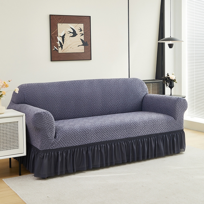 91家纺网 家纺一手货源 找家纺 共鸣沙发套 2024新款拉绒提花系列沙发套（裙摆款） 拉绒深灰