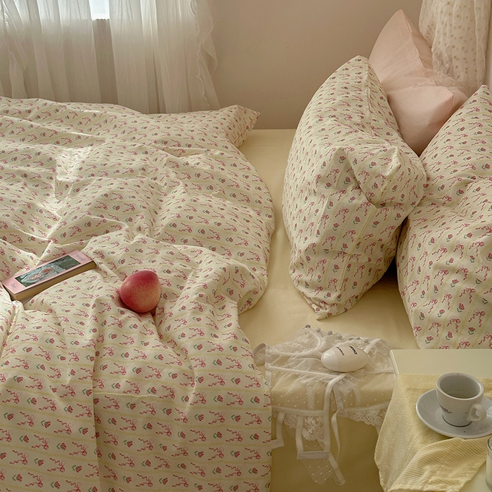 91家纺网 家纺一手货源 找家纺 韩国纯棉ins风小碎花田园风四件套花卉活性印花小清新被套纯色加大床单1.8床笠混搭风纯色印花枕套 一朵春光（奶黄）