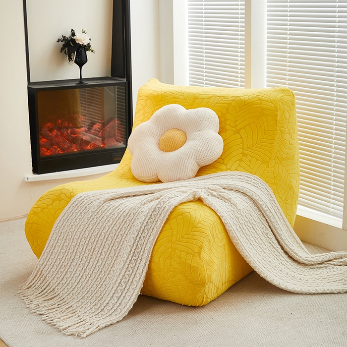 91家纺网 家纺一手货源 找家纺 共鸣沙发套 2024新款臻品提花系列懒人沙发套（织叶花系） 织叶柠黄