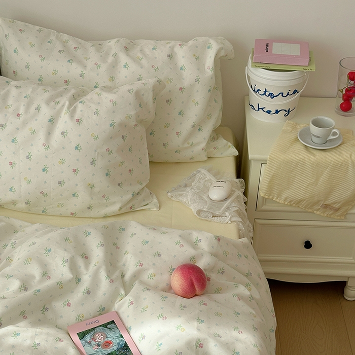 91家纺网 家纺一手货源 找家纺 韩国纯棉ins风小碎花田园风四件套花卉活性印花小清新被套纯色加大床单1.8床笠混搭风纯色印花枕套 花西子（奶黄）