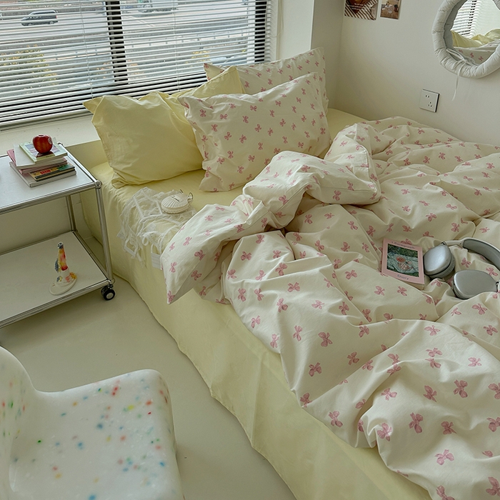 91家纺网 家纺一手货源 找家纺 尺素 2024韩国ins风少女粉被套纯棉卡通四件套小清新蝴蝶结被套240*250床单学生宿舍三件套 少女日记（浅黄）