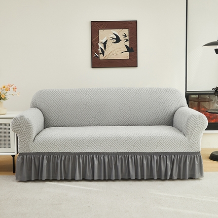 91家纺网 家纺一手货源 找家纺 共鸣沙发套 2024新款拉绒提花系列沙发套（裙摆款） 拉绒浅灰