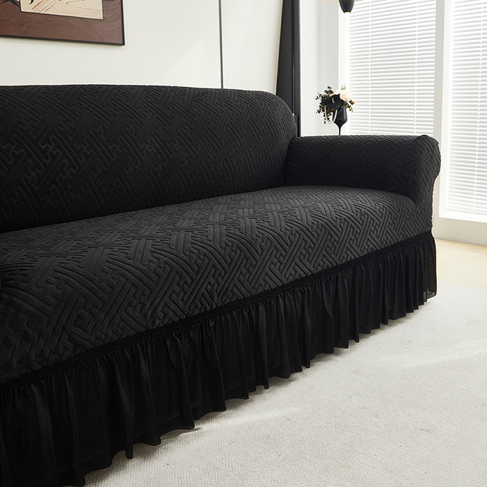 91家纺网 家纺一手货源 找家纺 共鸣沙发套 2024新款拉绒提花系列沙发套（裙摆款） 拉绒黑色