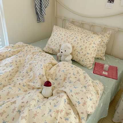 尺素 2024新款全棉印花a类卡通儿童四件套纯棉花卉双人被套学生宿舍三件套 奶丸小兔