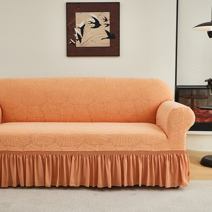 91家纺网 家纺一手货源 找家纺 共鸣沙发套 2024新款臻品提花系列沙发套（裙摆款织叶花系） 织叶卡橙