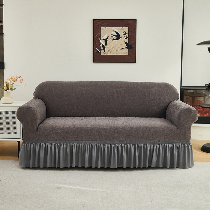 91家纺网 家纺一手货源 找家纺 共鸣沙发套 2024新款臻品提花系列沙发套（裙摆款织叶花系） 织叶冷灰