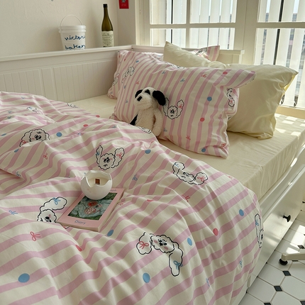 91家纺网 家纺一手货源 找家纺 （总）尺素 2024韩国ins风少女粉被套纯棉卡通四件套小清新蝴蝶结被套240*250床单学生宿舍三件套