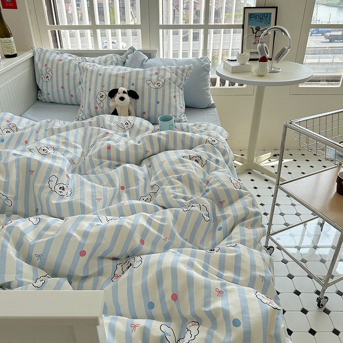 91家纺网 家纺一手货源 找家纺 尺素 2024韩国ins风少女粉被套纯棉卡通四件套小清新蝴蝶结被套240*250床单学生宿舍三件套 可爱多蓝（浅蓝）