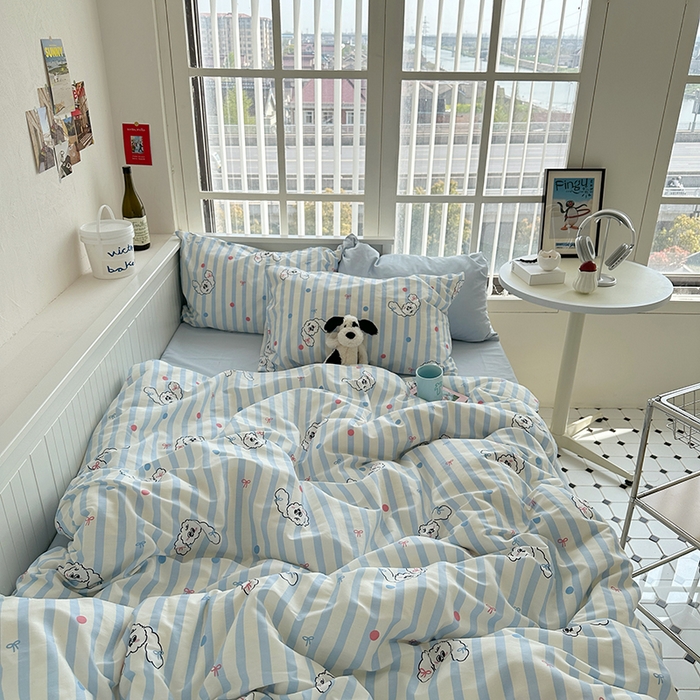 91家纺网 家纺一手货源 找家纺 尺素 2024韩国ins风少女粉被套纯棉卡通四件套小清新蝴蝶结被套240*250床单学生宿舍三件套 可爱多蓝（浅蓝）