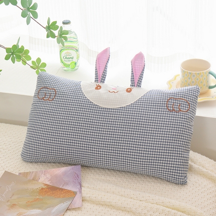 91家纺网 家纺一手货源 找家纺 织布人 2025新款枕芯卡通全棉水洗棉小兔子儿童枕学生枕羽丝棉枕头+枕芯 全棉小兔枕-蓝色彩格