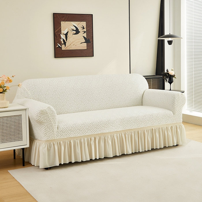 91家纺网 家纺一手货源 找家纺 共鸣沙发套 2024新款拉绒提花系列沙发套（裙摆款） 拉绒白色