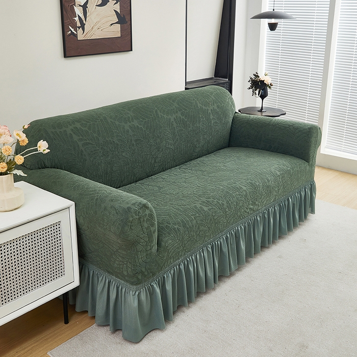 91家纺网 家纺一手货源 找家纺 共鸣沙发套 2024新款臻品提花系列沙发套（裙摆款织叶花系） 织叶松绿