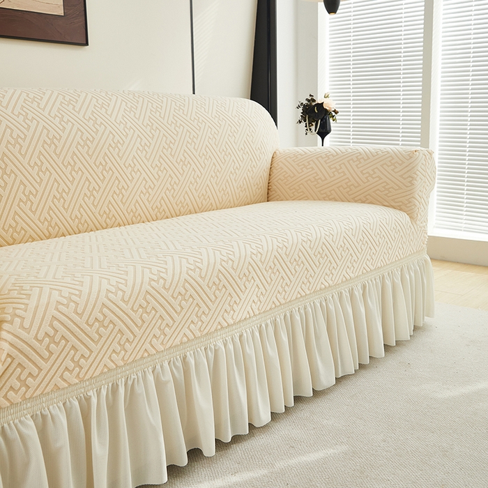 91家纺网 家纺一手货源 找家纺 共鸣沙发套 2024新款拉绒提花系列沙发套（裙摆款） 拉绒米黄