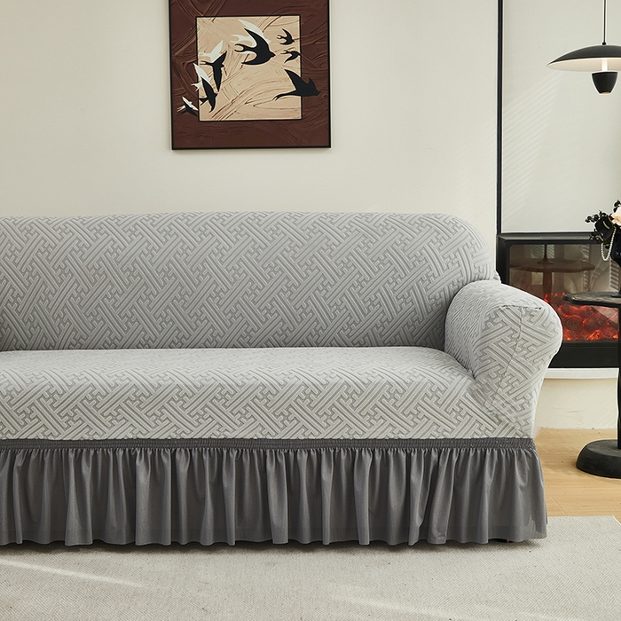 91家纺网 家纺一手货源 找家纺 共鸣沙发套 2024新款拉绒提花系列沙发套（裙摆款） 拉绒浅灰