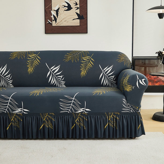 91家纺网 家纺一手货源 找家纺 共鸣沙发套 2024新款牛奶丝系列沙发套（裙摆款） 羽叶