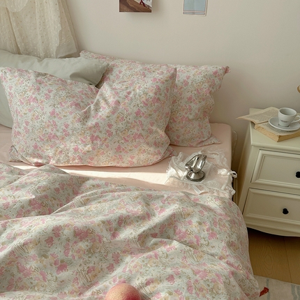 新款纯棉ins风小碎花田园风四件套花卉活性印花小清新被套纯色加大床单1.8床笠混搭风纯色印花枕套 苍灵桃粉