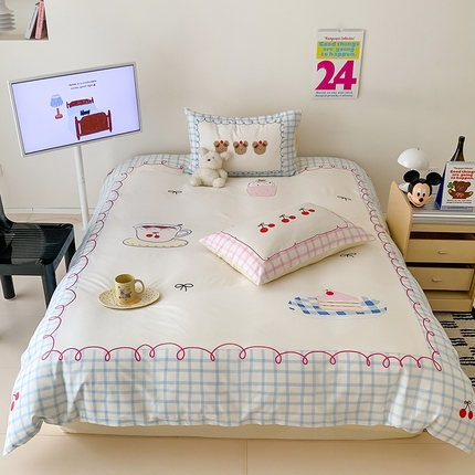 尺素 2024新款ins风数码印花活性纯棉卡通四件套全棉大版甜美双人被套纯色加大床单 蜜糖梦想家（象牙白）