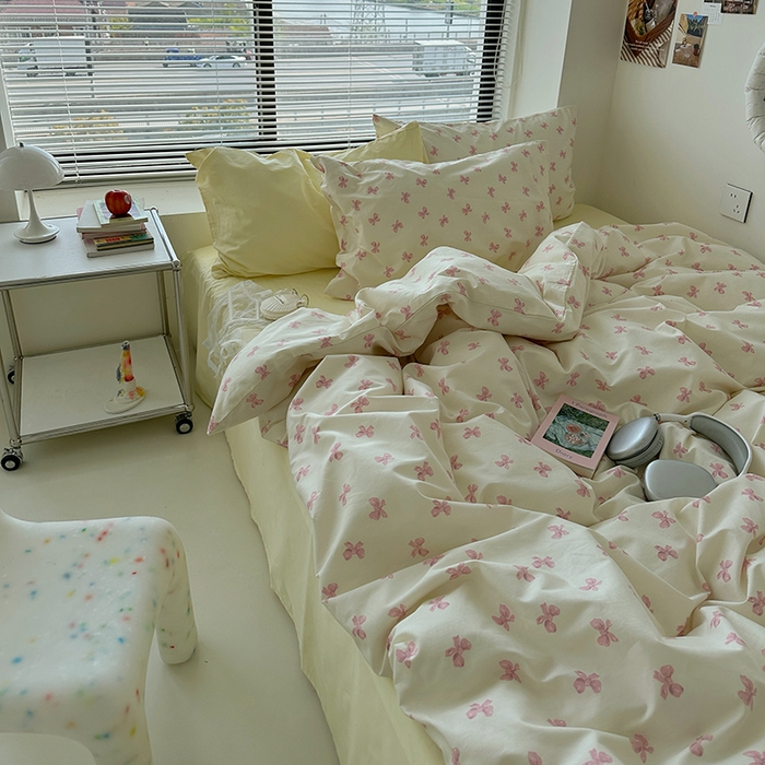91家纺网 家纺一手货源 找家纺 尺素 2024韩国ins风少女粉被套纯棉卡通四件套小清新蝴蝶结被套240*250床单学生宿舍三件套 少女日记（浅黄）