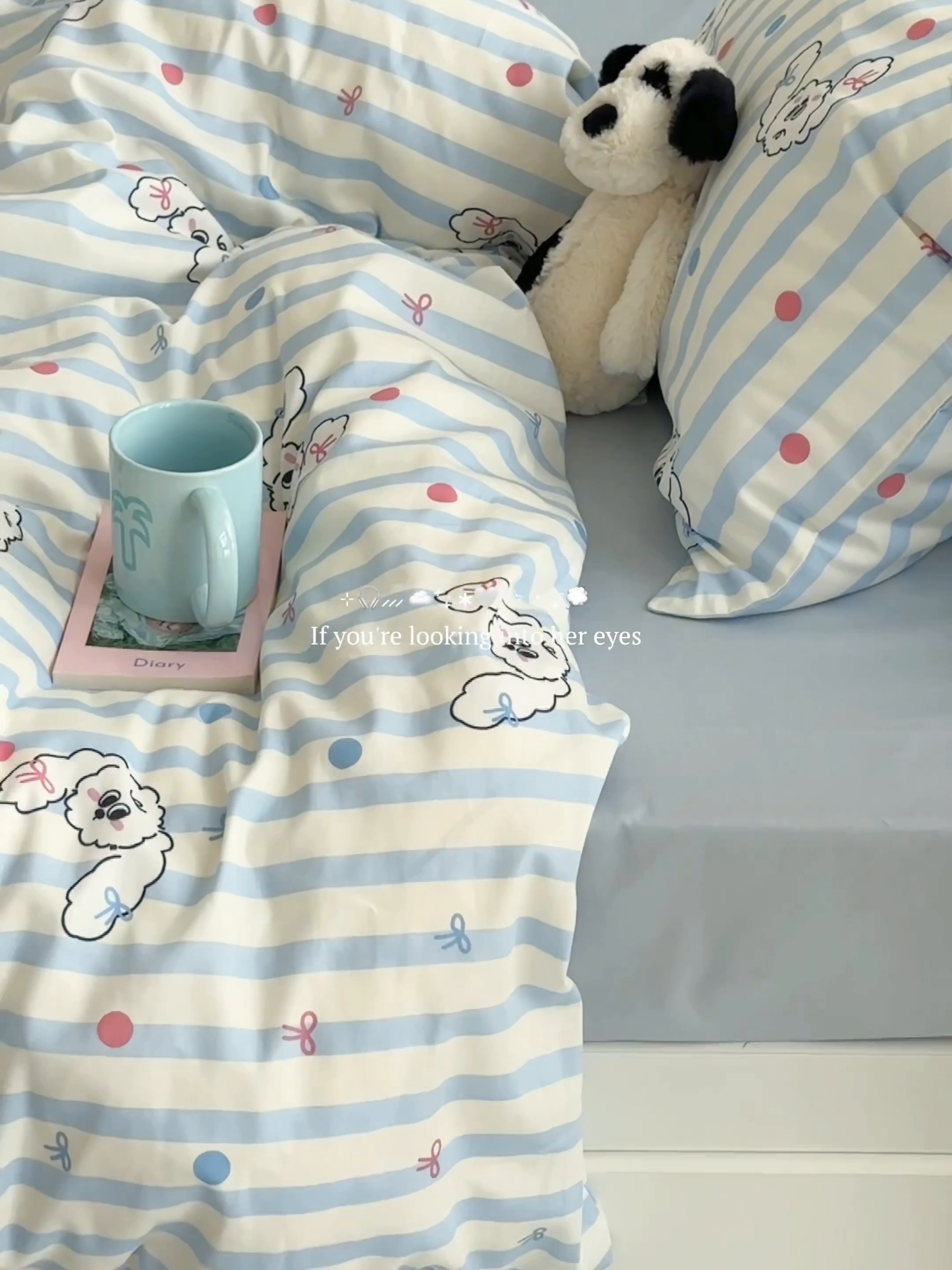 91家纺网 家纺一手货源 找家纺 尺素 2024韩国ins风少女粉被套纯棉卡通四件套小清新蝴蝶结被套240*250床单学生宿舍三件套 可爱多蓝（浅蓝）