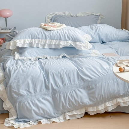 91家纺网 家纺一手货源 找家纺 （总）尺素 2024新款韩版ins花边款双人1.8四件套水洗棉泡泡纱被套人字纹床单