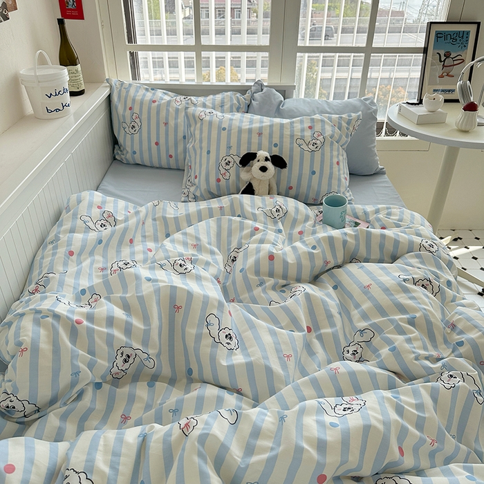 91家纺网 家纺一手货源 找家纺 尺素 2024韩国ins风少女粉被套纯棉卡通四件套小清新蝴蝶结被套240*250床单学生宿舍三件套 可爱多蓝（浅蓝）