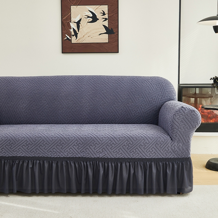 91家纺网 家纺一手货源 找家纺 共鸣沙发套 2024新款拉绒提花系列沙发套（裙摆款） 拉绒深灰