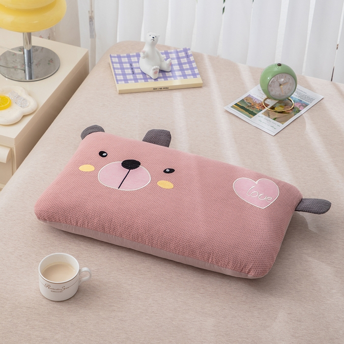 91家纺网 家纺一手货源 找家纺 织布人 2024新款荞麦枕儿童学生卡通全棉双层纱萌萌熊枕套+荞麦枕芯 双层纱萌萌熊荞麦枕-粉色