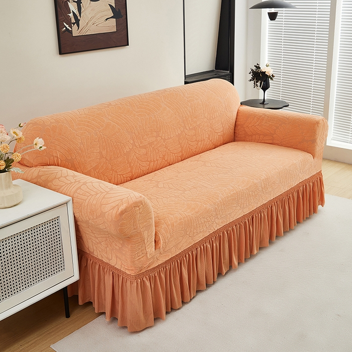 91家纺网 家纺一手货源 找家纺 共鸣沙发套 2024新款臻品提花系列沙发套（裙摆款织叶花系） 织叶卡橙